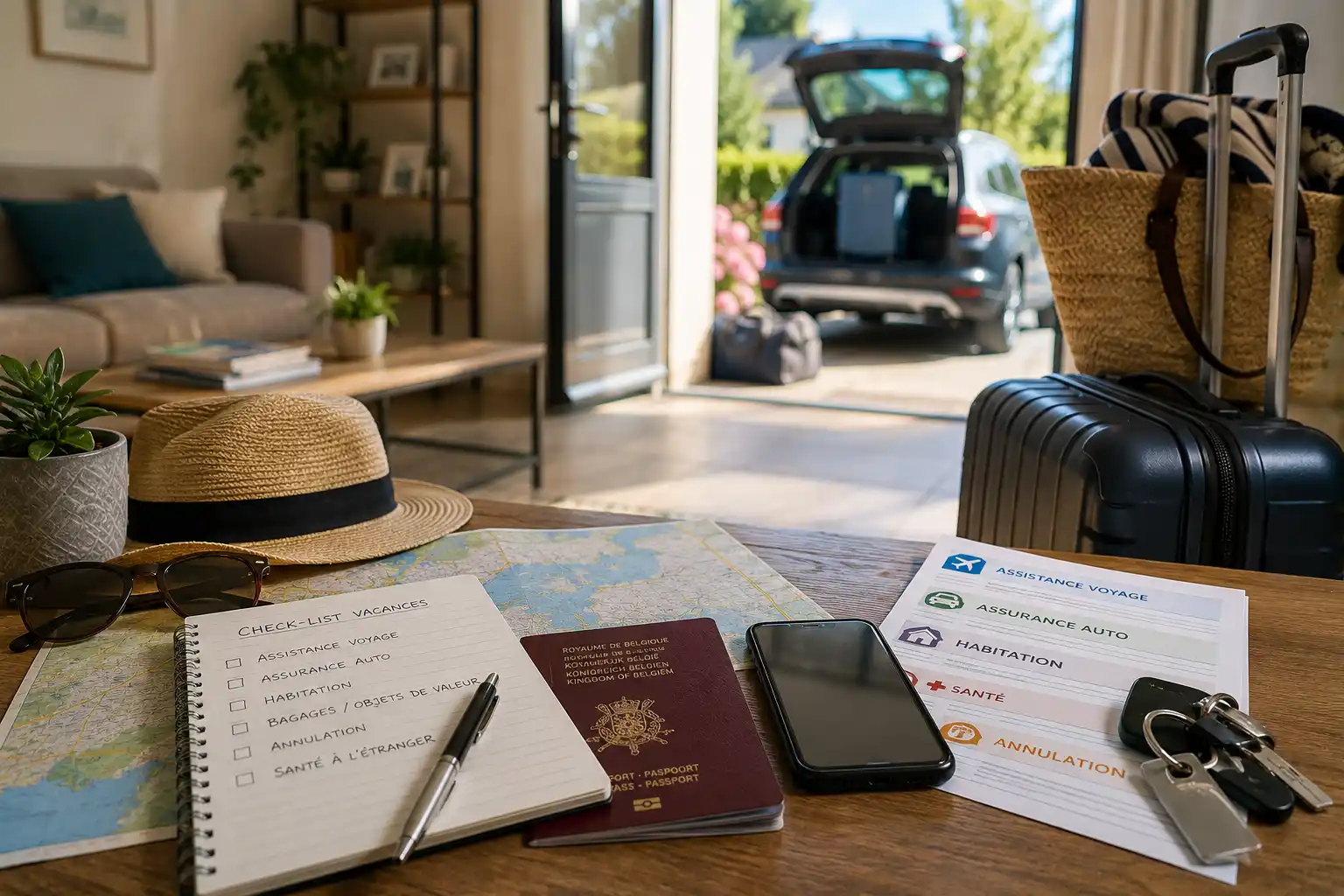 Check-list assurances vacances avec passeport belge, carte routière et valise avant le départ