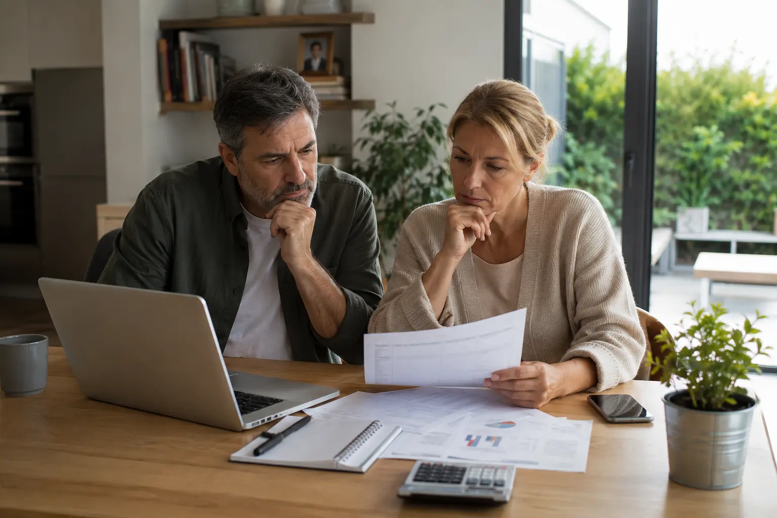 Couple analysant ses documents de pension et de protection financière à domicile